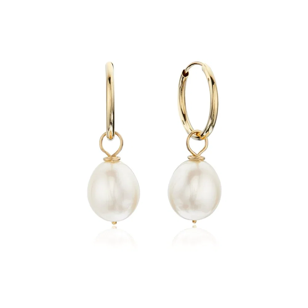 Image of Solid Gold Large Pearl Drop Hoop Earrings