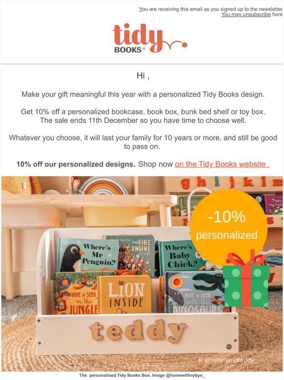 , 10% off all personalized bookcases