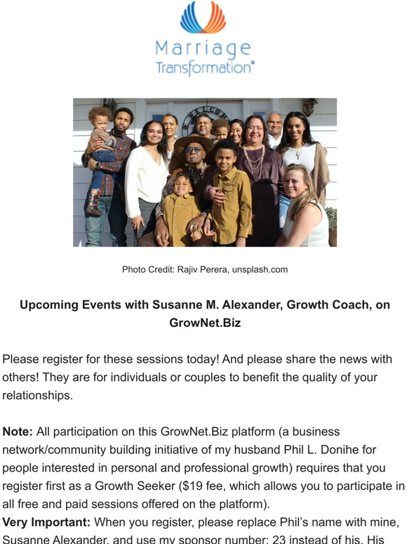 Upcoming Events with Susanne M. Alexander (Registration Is Open!)