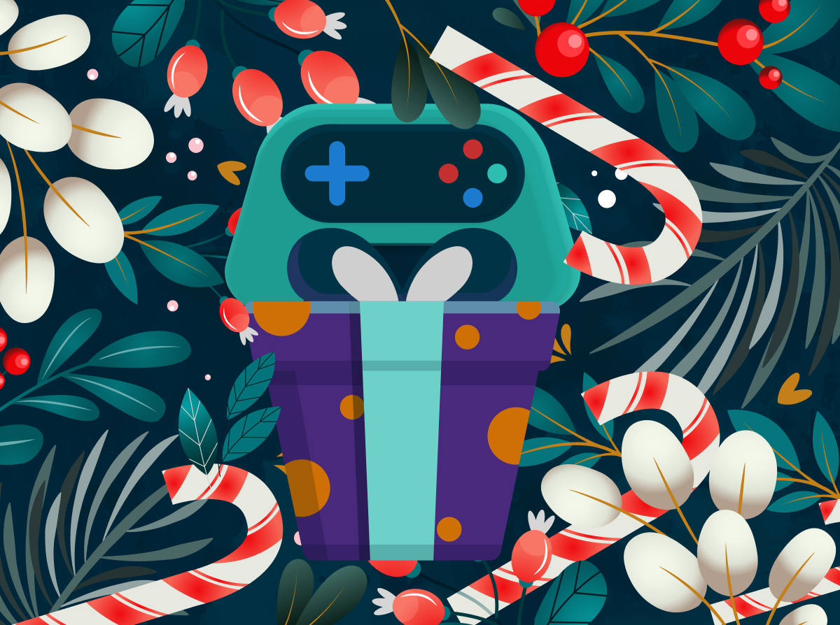 An illustration of mistletoe and candy canes in the centre is a purple present and above it is a video game controller.