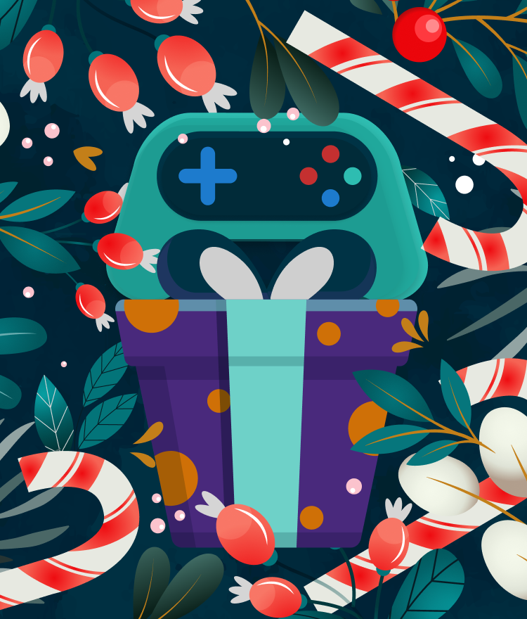 An illustration of mistletoe and candy canes in the centre is a purple present and above it is a video game controller.