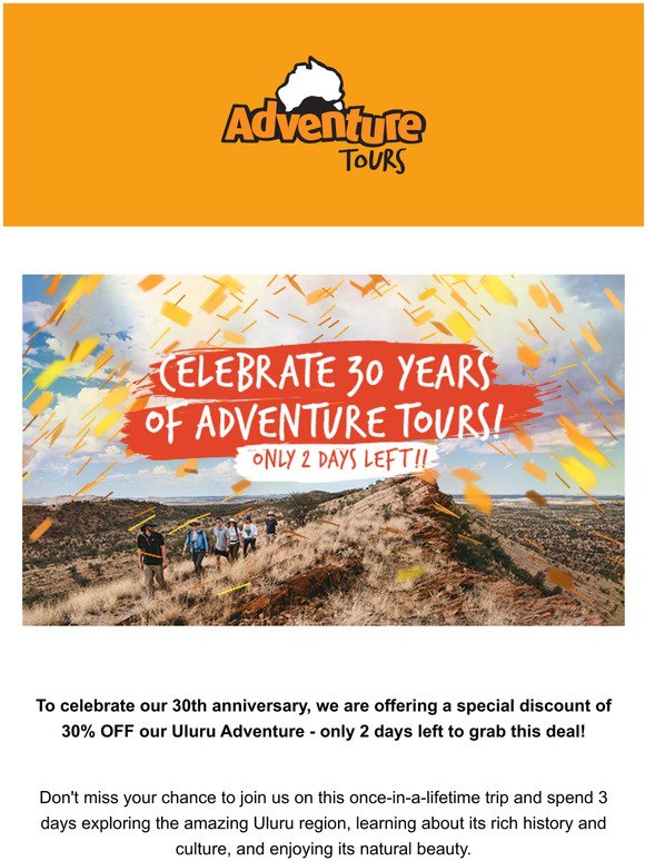 Celebrate 30 years of Adventure Tours and get 30% off our Uluru Adventure!