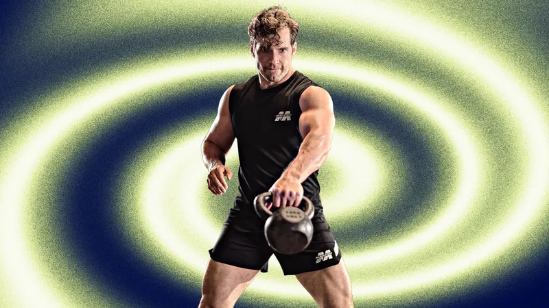 A collage of Henry Cavill swinging a kettlebell on a swirling navy blue and yellow background