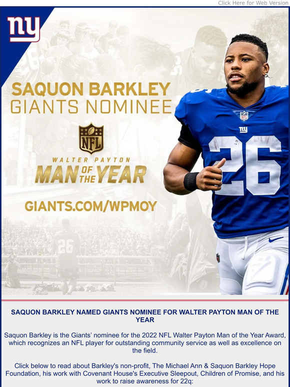 Saquon Barkley named Giants' nominee for NFL Walter Payton Man of