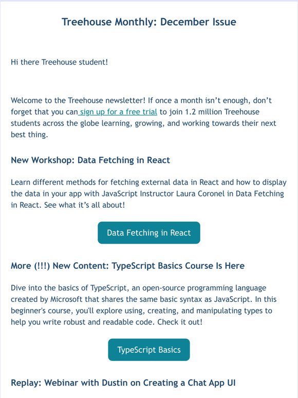 New course! New workshop! | Treehouse December Newsletter
