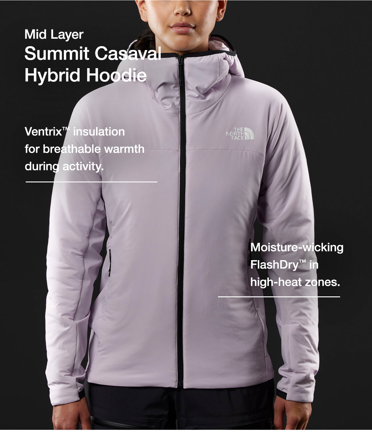 Mid Layer Summit Casaval Hybrid Hoodie. Ventrix™ insulation for breathable warmth during activity. Moisture-wicking FlashDry™ in high-heat zones.