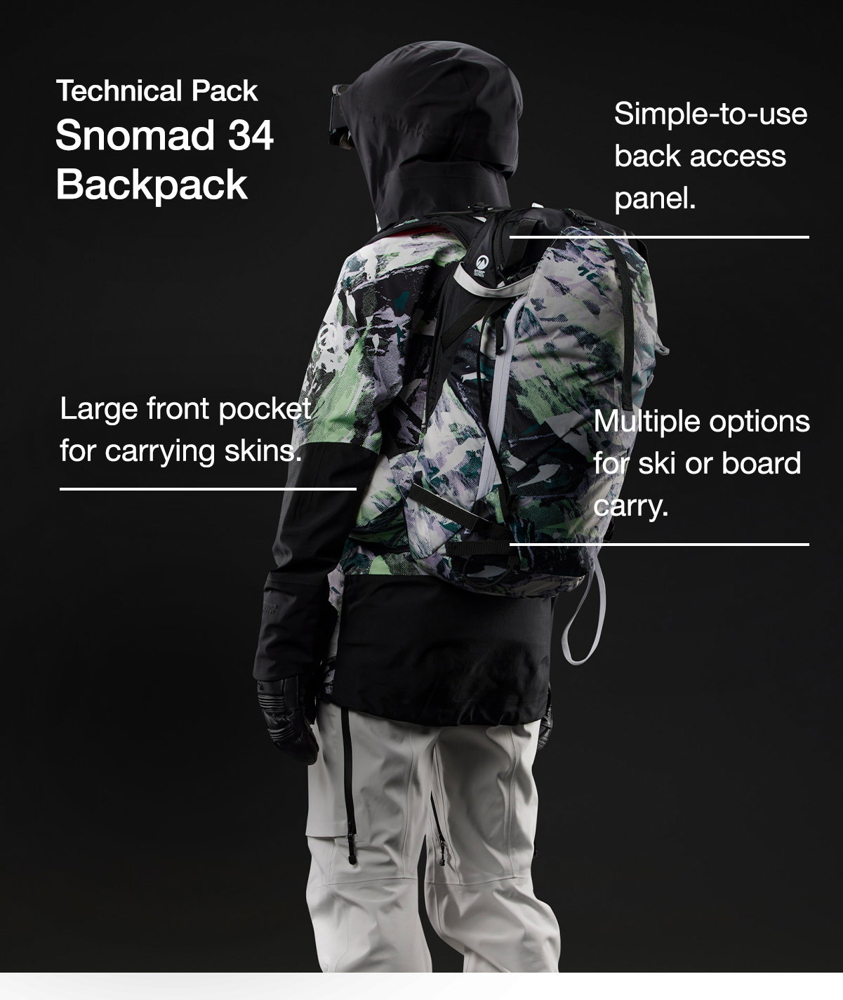 Technical Pack Snowmad 34 Backpack. Large front pocket for carrying skins. Simple-to-use back access panel. Multiple options for ski or board carry.