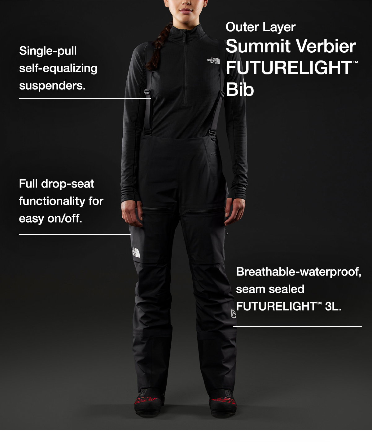 Outer Layer Summit Verbier FUTURELIGHT™ Bib. Single-pull self-equalizing suspenders. Full drop-seat functionality for easy on/off. Breathable-waterproof, seam sealed FUTURELIGHT™ 3L.