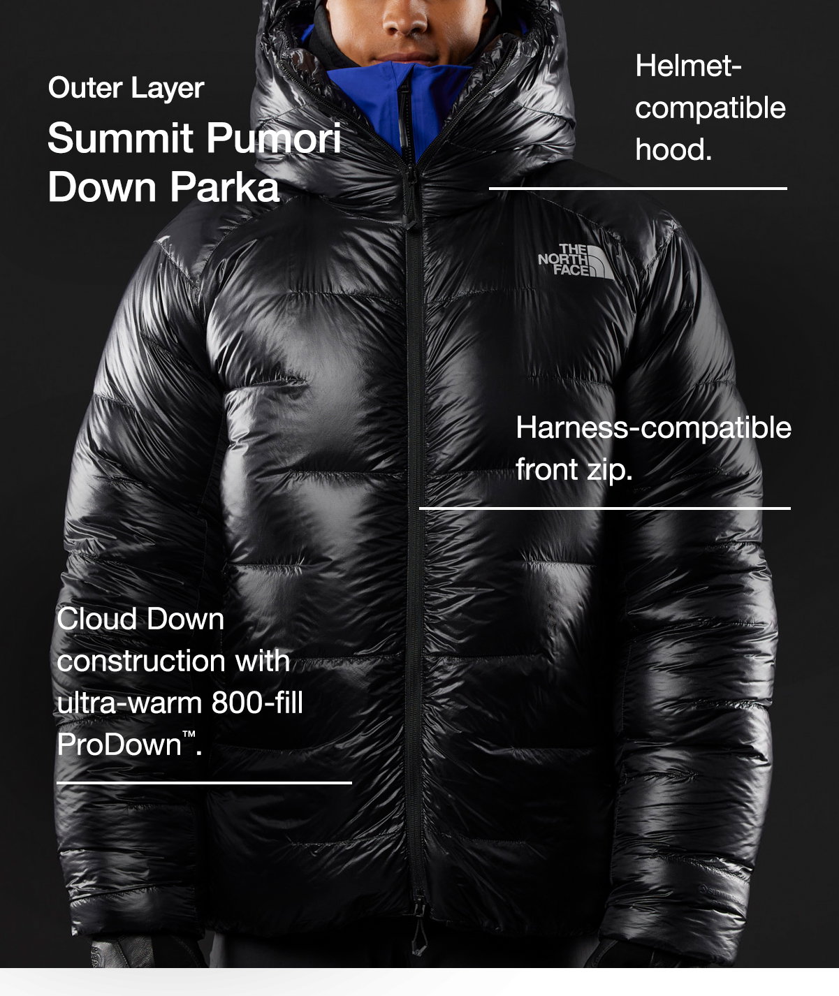 Outer Layer Summit Pumori Down Parka. Helmet-compatible hood. Cloud Down construction with ultra-warm 800-fill ProDown™. Harness-compatible front zip.
