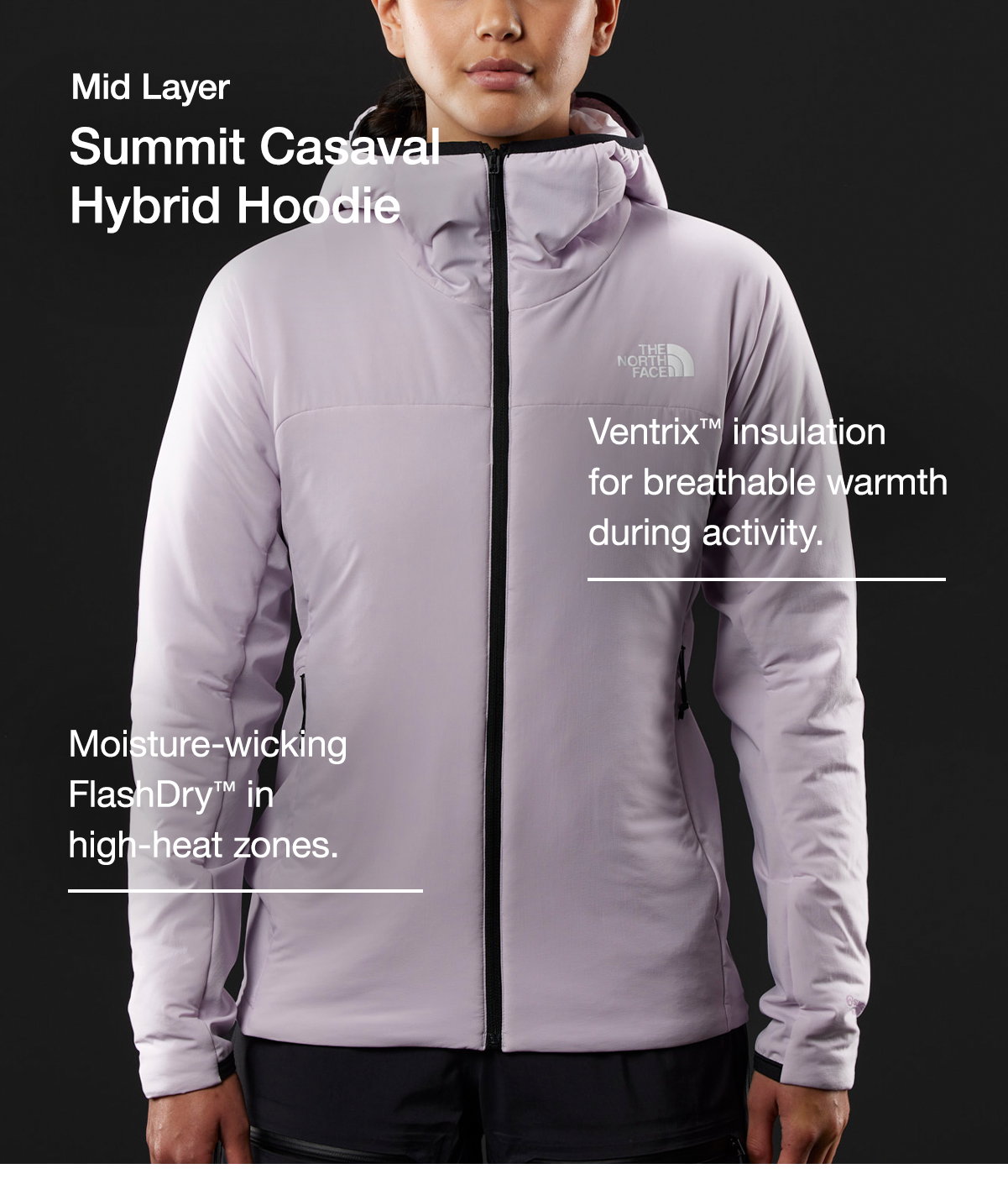 Mid Layer Summit Casaval Hybrid Hoodie. Ventrix™ insulation for breathable warmth during activity. Moisture-wicking FlashDry™ in high-heat zones.
