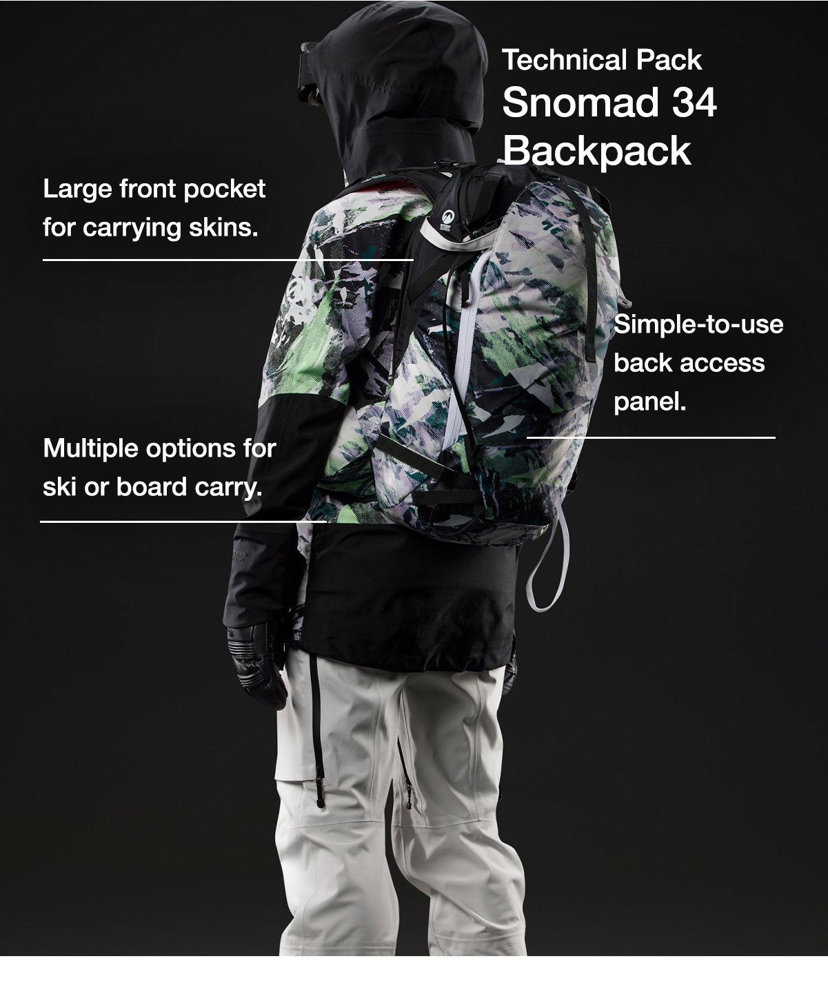 Technical Pack Snowmad 34 Backpack. Large front pocket for carrying skins. Simple-to-use back access panel. Multiple options for ski or board carry.