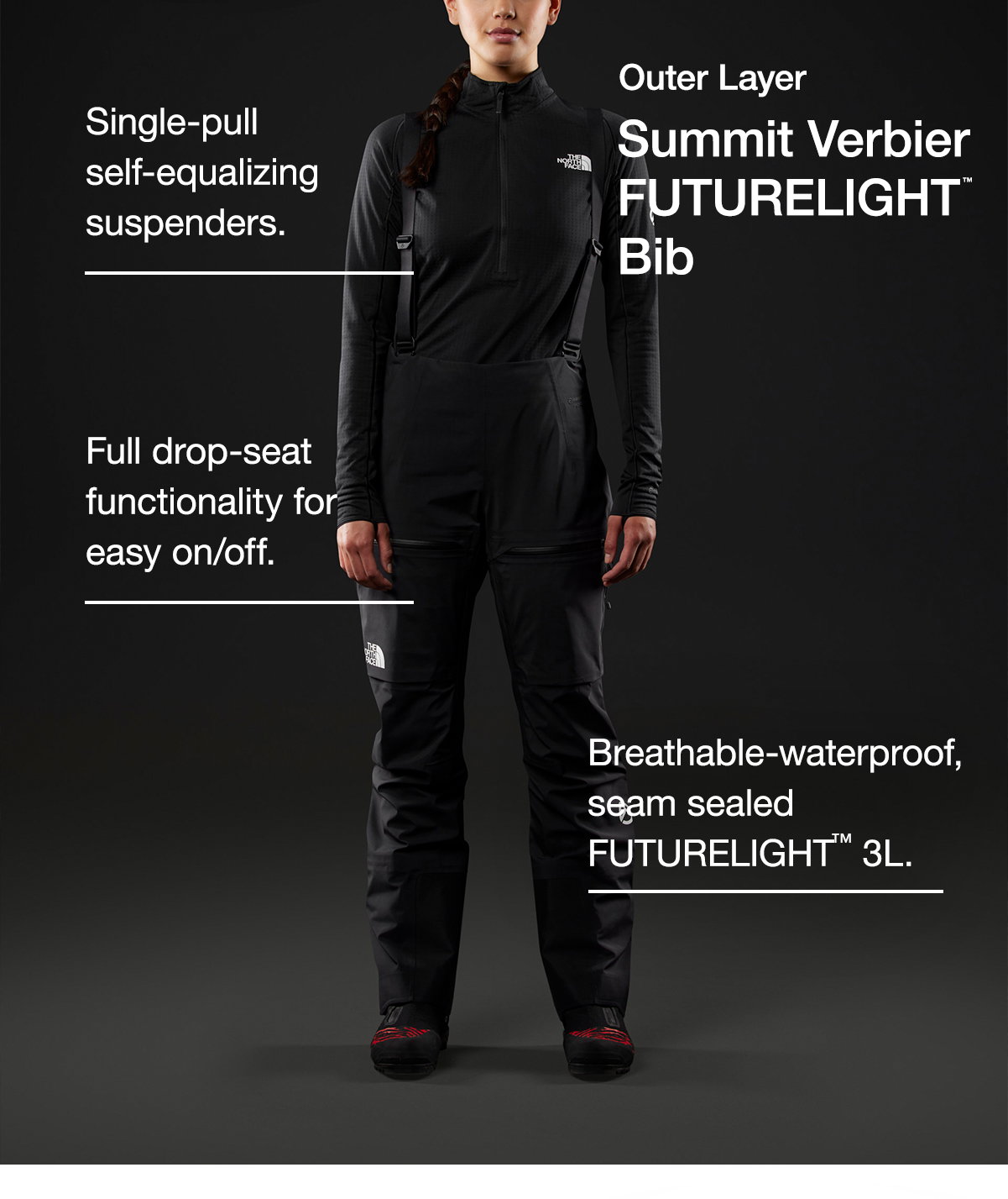 Outer Layer Summit Verbier FUTURELIGHT™ Bib. Single-pull self-equalizing suspenders. Full drop-seat functionality for easy on/off. Breathable-waterproof, seam sealed FUTURELIGHT™ 3L.