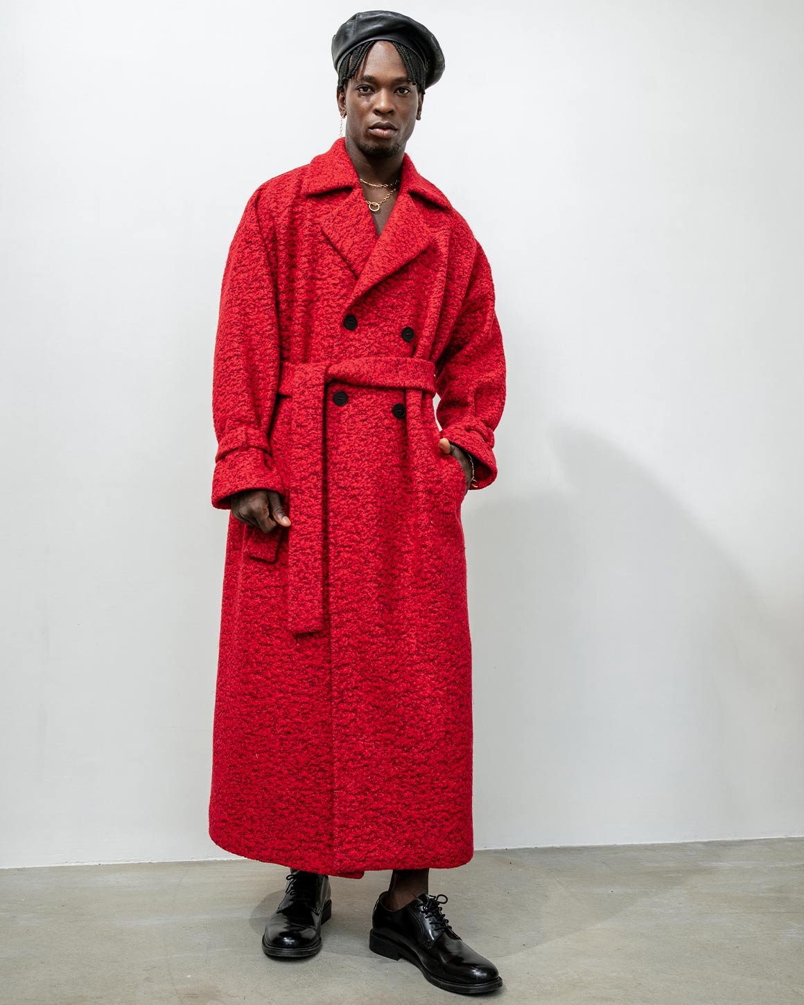 ORTTU Holiday Sale - model wearing red Bruno Coat