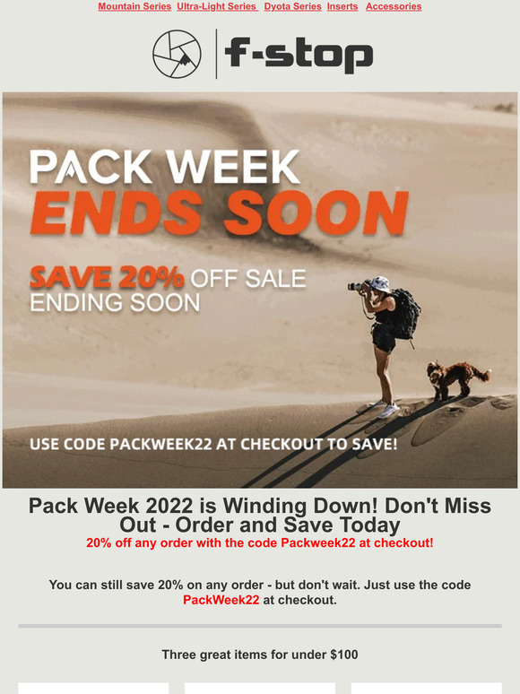, Pack Week 22 is ending. Order now to save 20% with code PackWeek22 at checkout