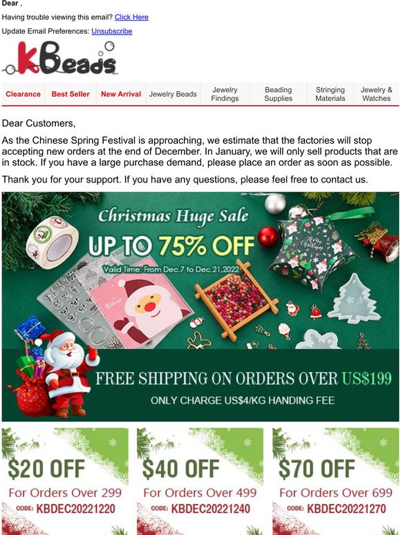Christmas Huge Sale! Up to 75% OFF Wholesale Beads Supplies + Free Shipping + US$130 Free Coupns