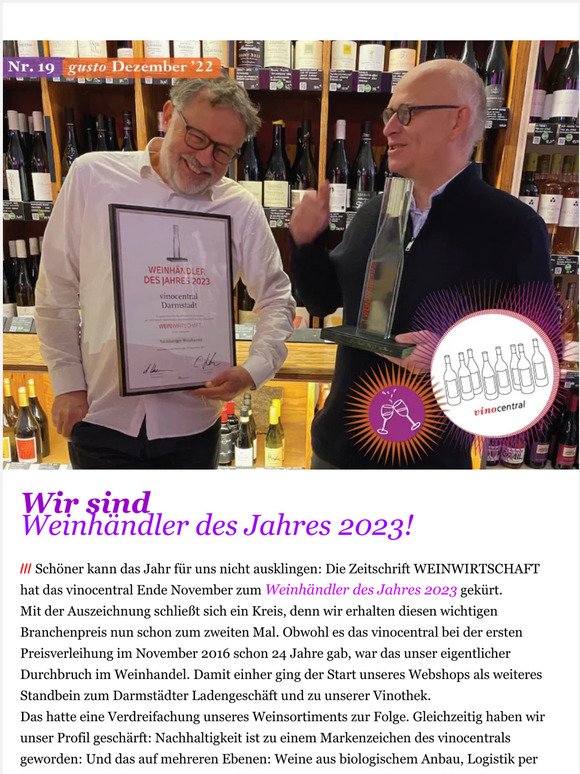 Wir sind  Weinhändler des Jahres 2023! I vinocentral Dezember 2022 gusto Nr. 19