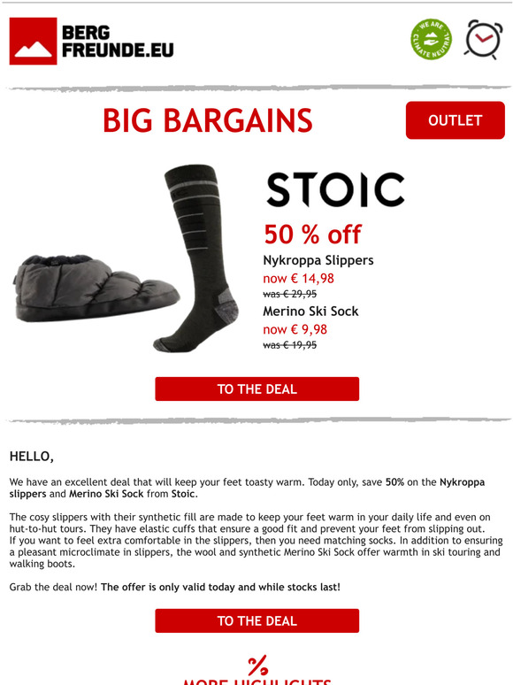 ⏰ Today only: 50% off slippers and merino ski socks from Stoic