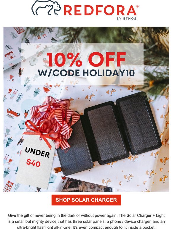 Under $40! Celebrate the holidays with 10% off our solar charger!