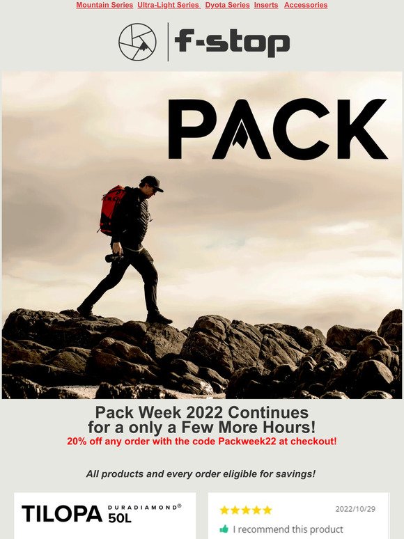 , Only hours left in Pack Week! Act now to save up to 20% - don't miss out on these savings