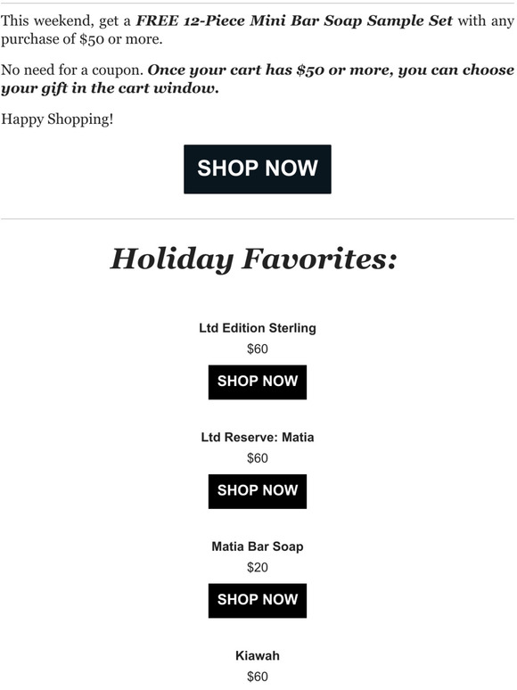 FLASH SALE: Get 12 free mini bar soaps with your $50 order