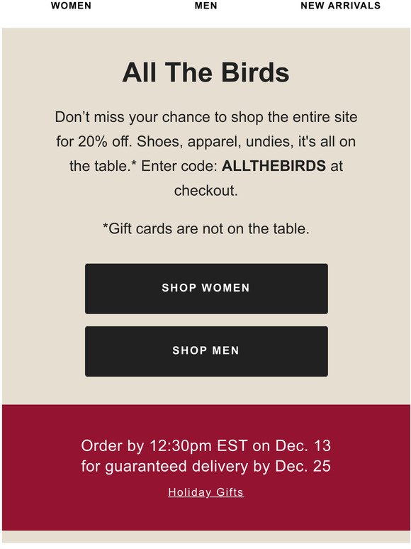 20% Off.  All. The. Birds.