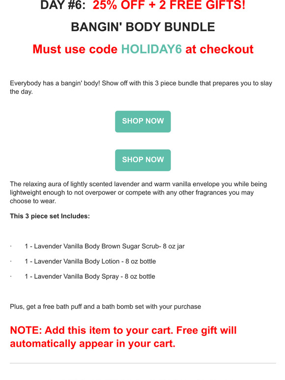 Day 6: 25% off Bangin' Body Bundle + 2 Free Gifts