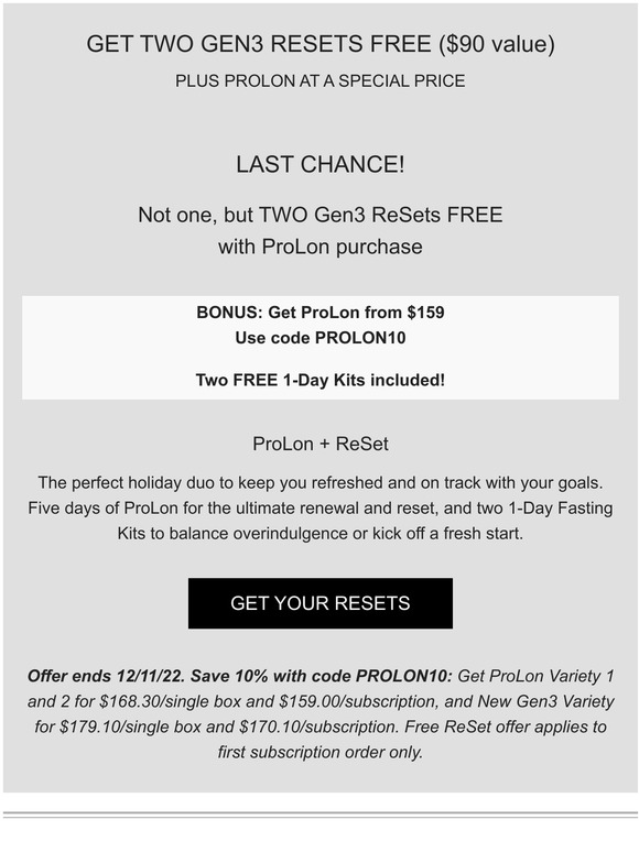ProLon Final day to get TWO FREE Gen3 ReSets Milled