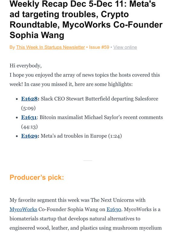 Weekly Recap Dec 5-Dec 11: Meta's ad targeting troubles, Crypto Roundtable, MycoWorks Co-Founder Sophia Wang