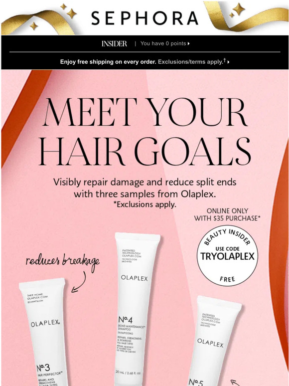 Sephora FREE Olaplex! Treat yourself to three samples with your min