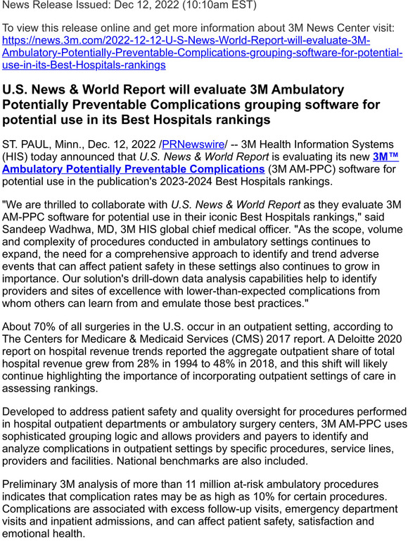U.S. News & World Report will evaluate 3M Ambulatory Potentially Preventable Complications grouping software for potential use in its Best Hospitals rankings