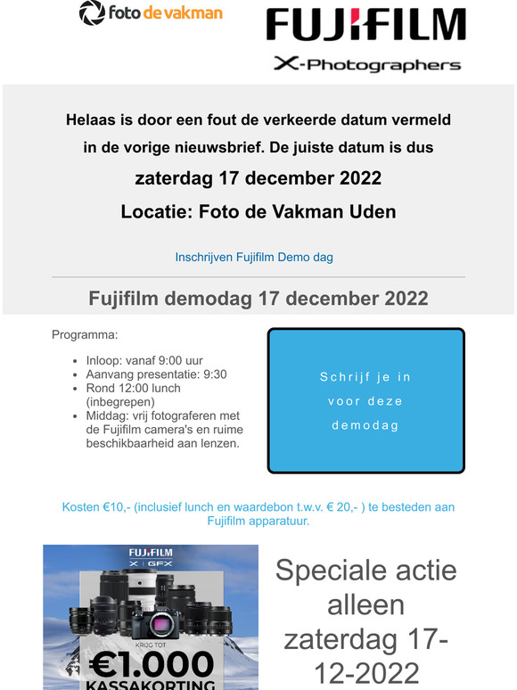 Rectificatie datum Fujifilm demodag