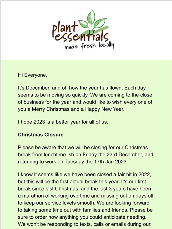Plant Essentials December News - Merry Christmas with Free Shipping! (please disregard email sent just before this one)