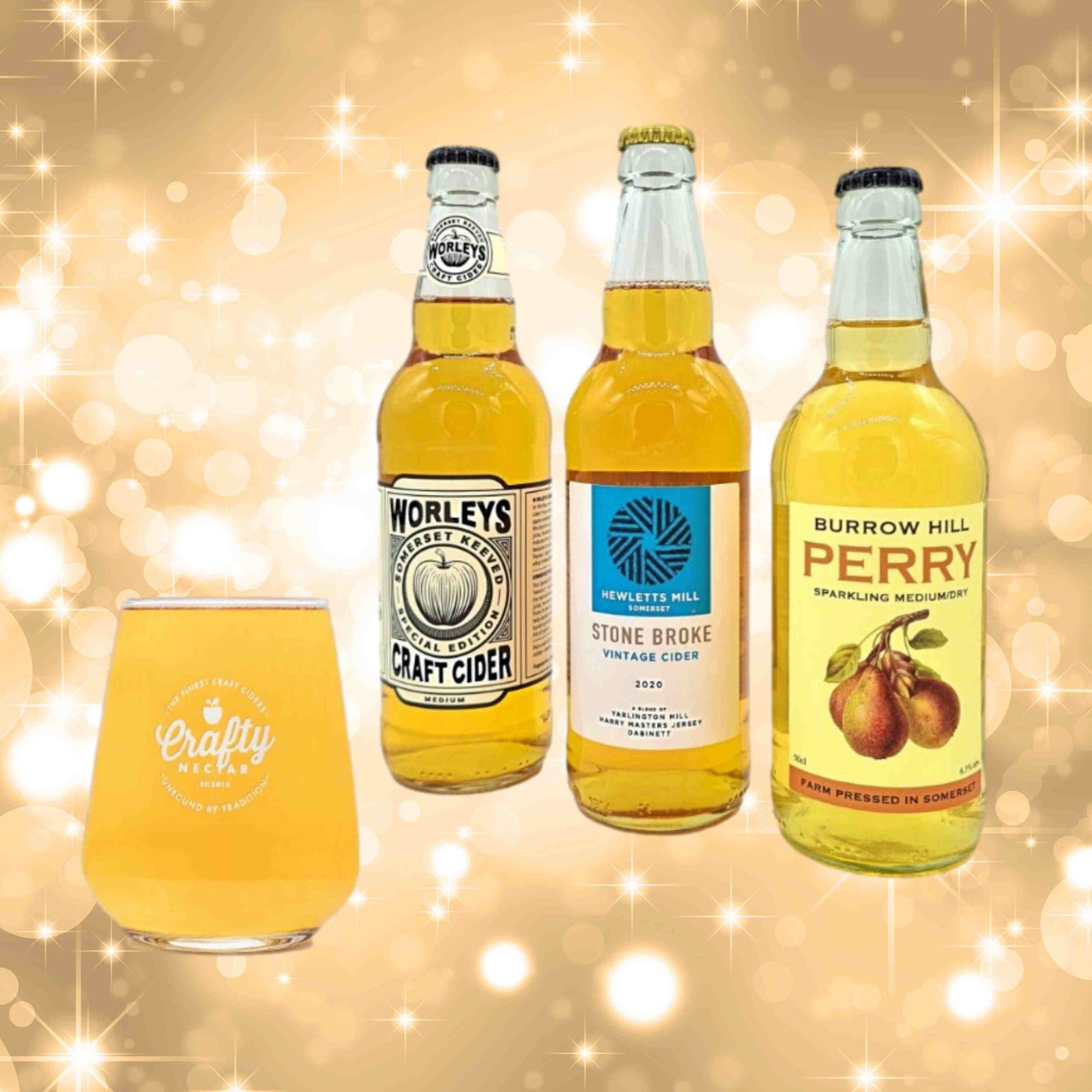 3 Bottles of Craft Cider with a Cider Glass