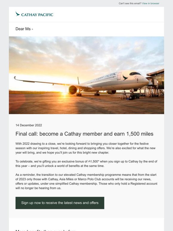 Final call: become a Cathay member and earn 1,500 miles