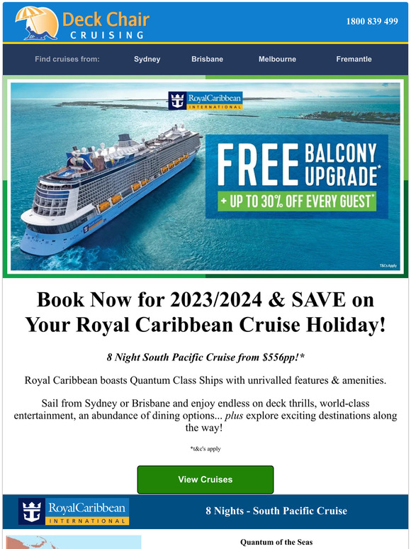 Deck Chair Cruising 📢 Royal Caribbean 8 Nights from 556pp Milled
