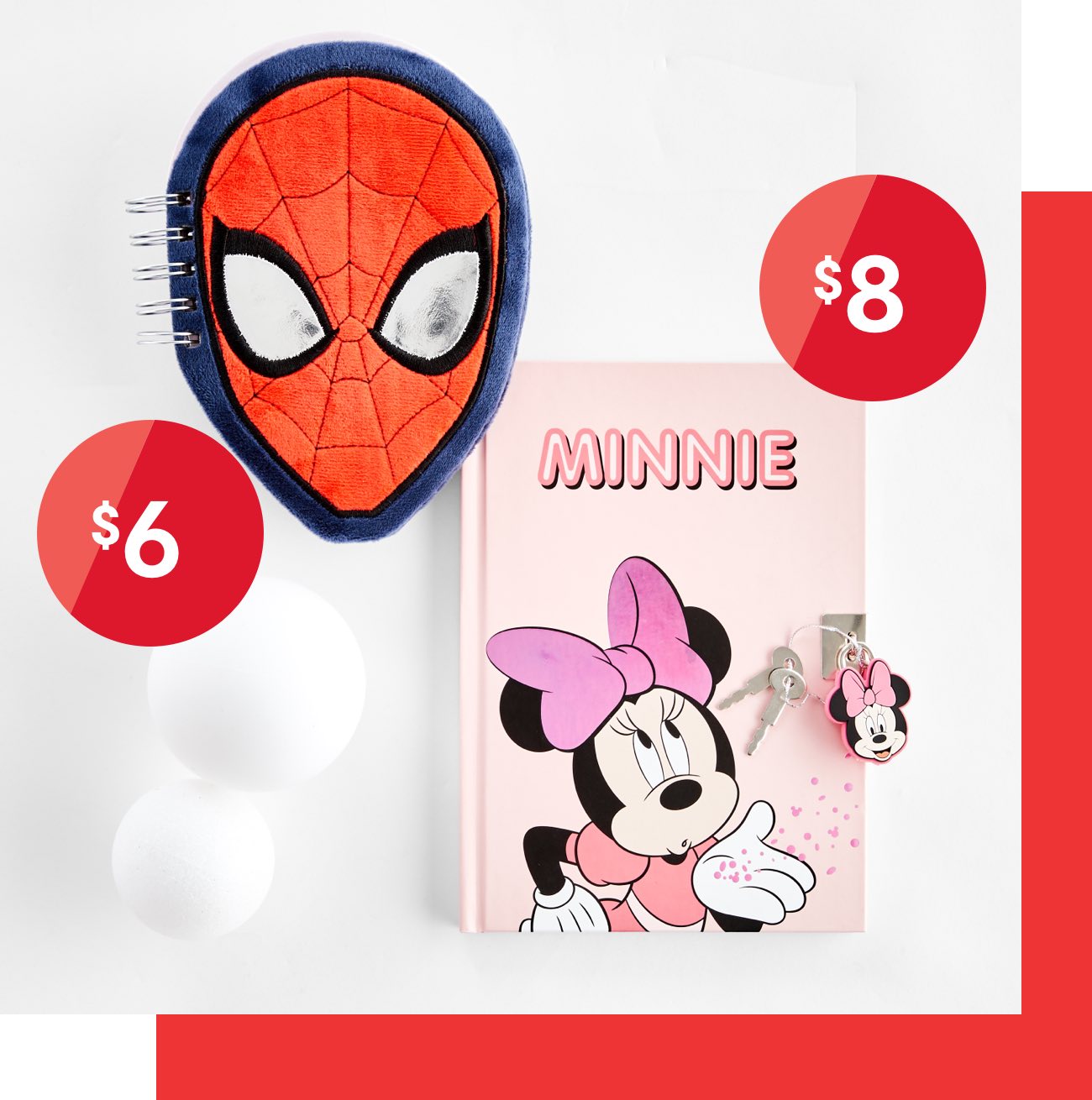 Spiderman notebook $6. Minnie lockable journal $8.