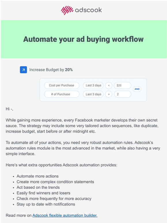 Adscook 🦾 Easiest automation builder Define your own strategy with