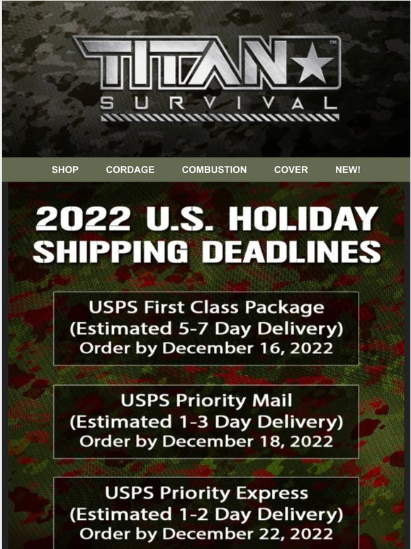 📦 📦 2022 U.S. Holiday Shipping Deadlines for TITAN Survival