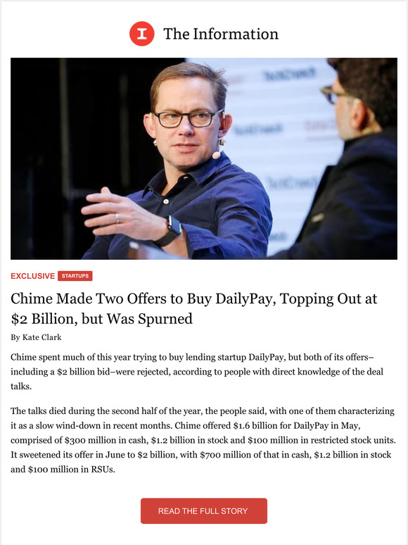 theinformation: Chime Made Two Offers to Buy DailyPay, Topping Out at ...