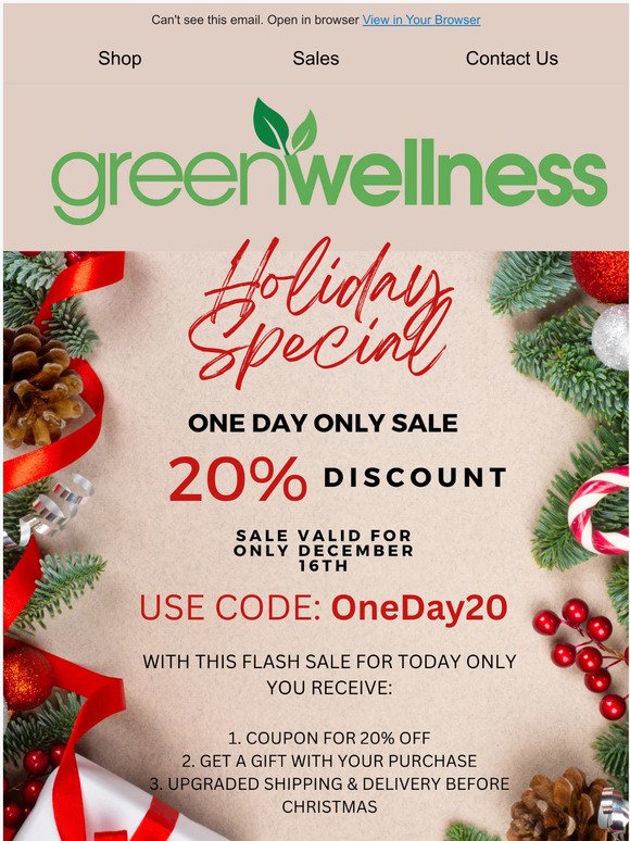 💰 FLASH SALE TODAY ONLY: Get 20% OFF at Greenwellness Life 💰
