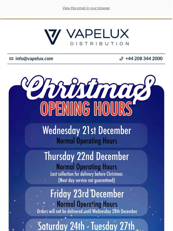 Christmas Opening Hours At Vapelux