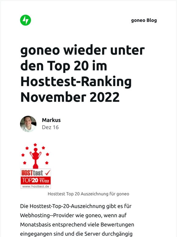 [Neuer Eintrag] goneo wieder unter den Top 20 im Hosttest-Ranking November 2022