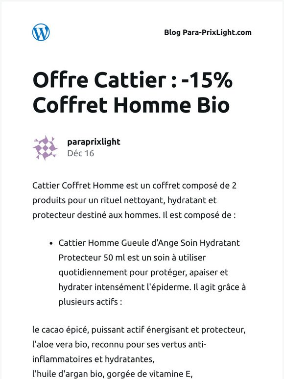 [Nouvel article] Offre Cattier : -15% Coffret Homme Bio