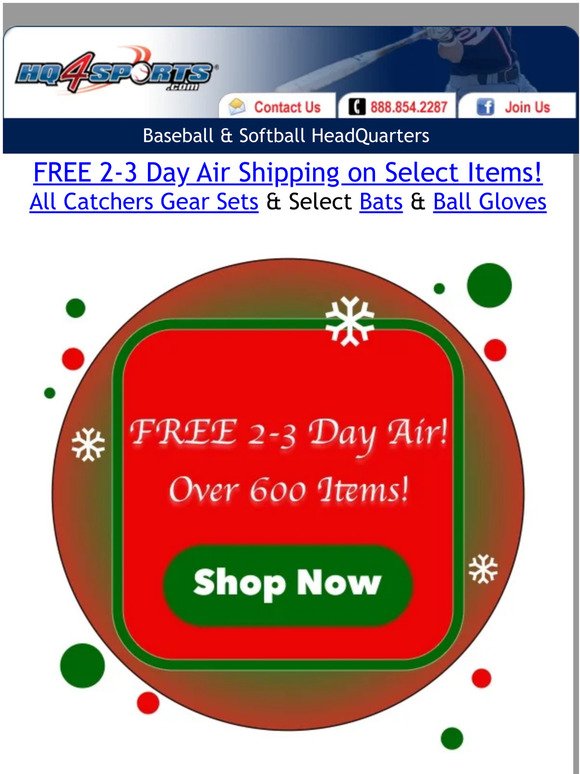 FREE 2-3 Day Air on over 600 items! Select Ball Gloves, Bats and All Catcher's Gear Sets! ✈️