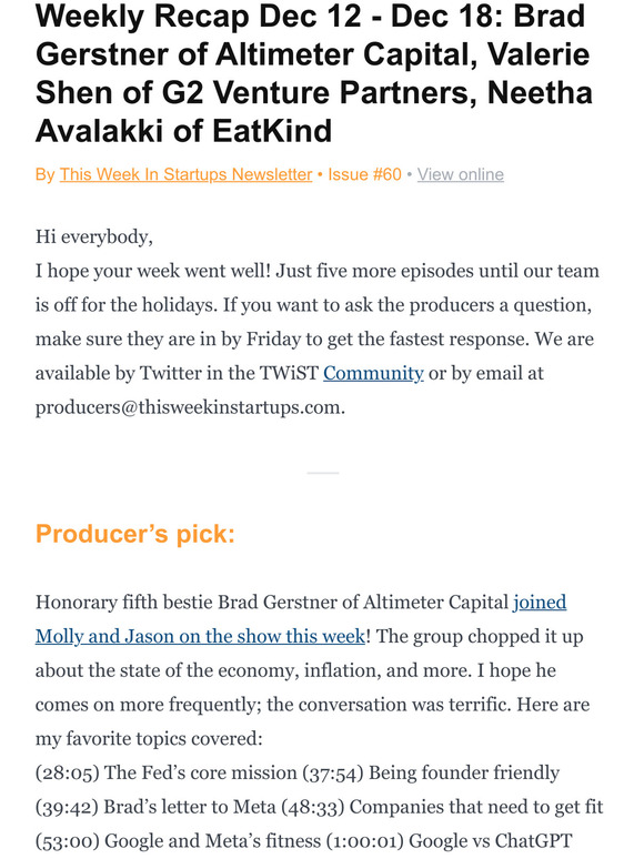 Weekly Recap Dec 12 - Dec 18: Brad Gerstner of Altimeter Capital, Valerie Shen of G2 Venture Partners, Neetha Avalakki of EatKind