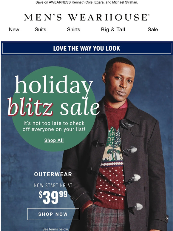 Men's Wearhouse THE DEAL Outerwear now starting at 39.99 + more