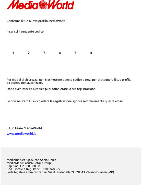 Conferma il tuo nuovo profilo MediaWorld