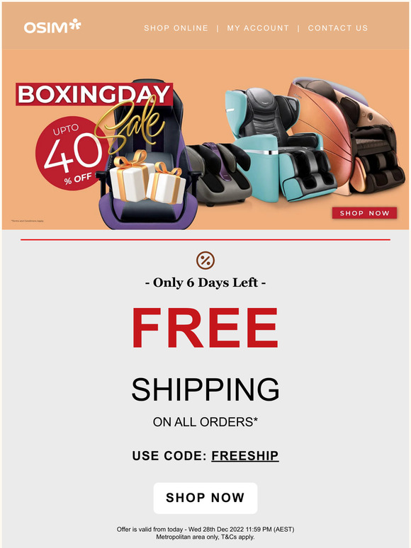 Promo Code Offer - Save Extra on Boxing Day at OSIM!