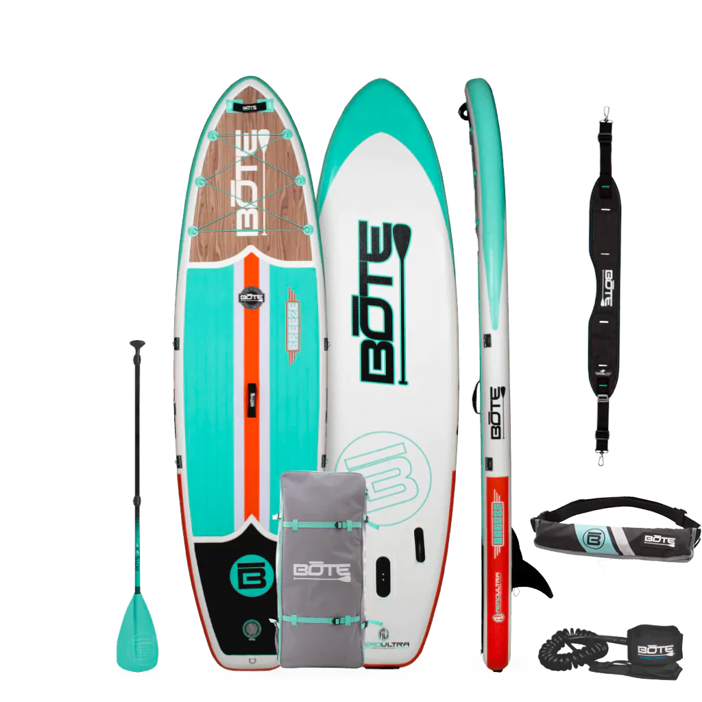 Image of Breeze Aero 10′8″ Classic Teak Inflatable Paddle Board Essentials Package