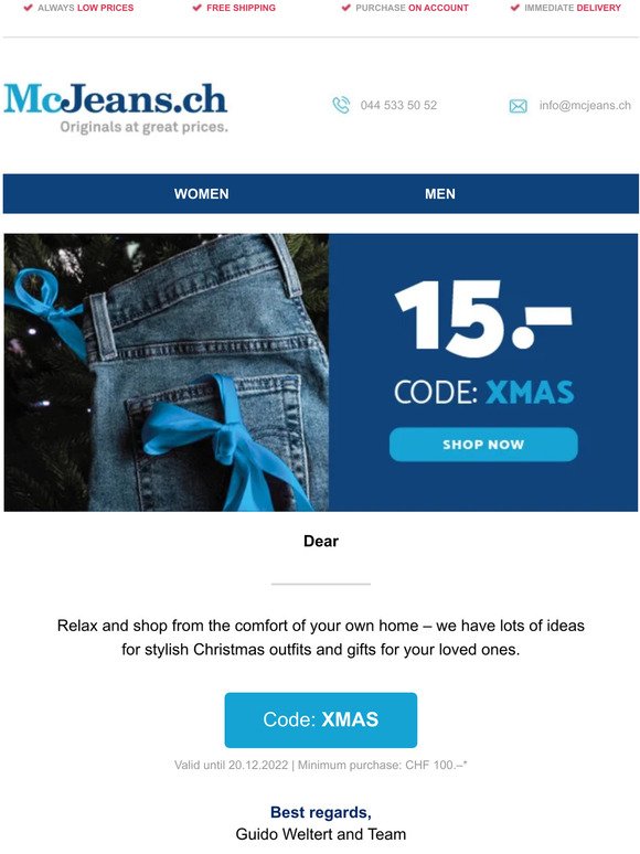 LAST DAY: 🎁 CHF 15.– for your Christmas Outfit – McJeans.ch – free shipping